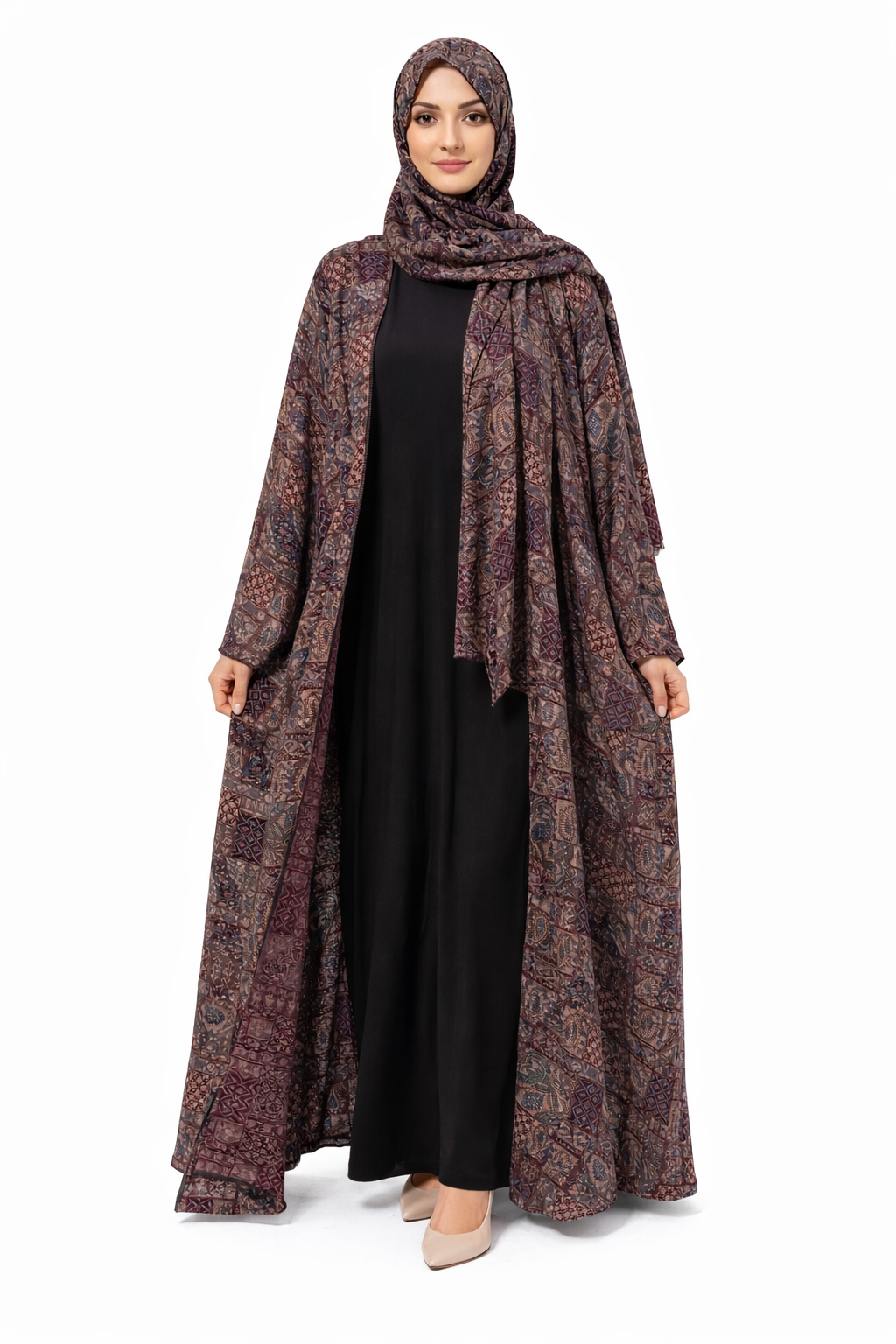 Elegant Pashmina Pattern Open Abaya – Soft Neutral Paisley Design