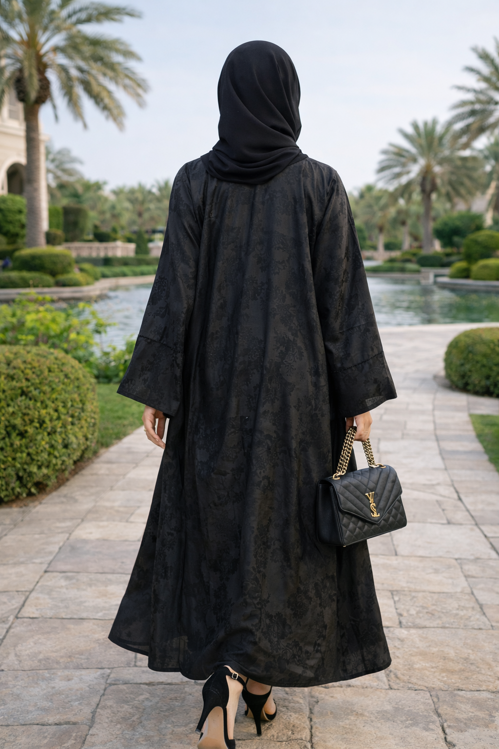 Elegant Black Open-Front Jacquard Abaya with Matching Hijab and red Sleeveless Inner Dress