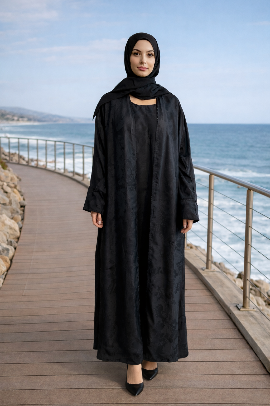 Elegant Black Open-Front Jacquard Abaya with Matching Hijab and Sleeveless Inner Dress
