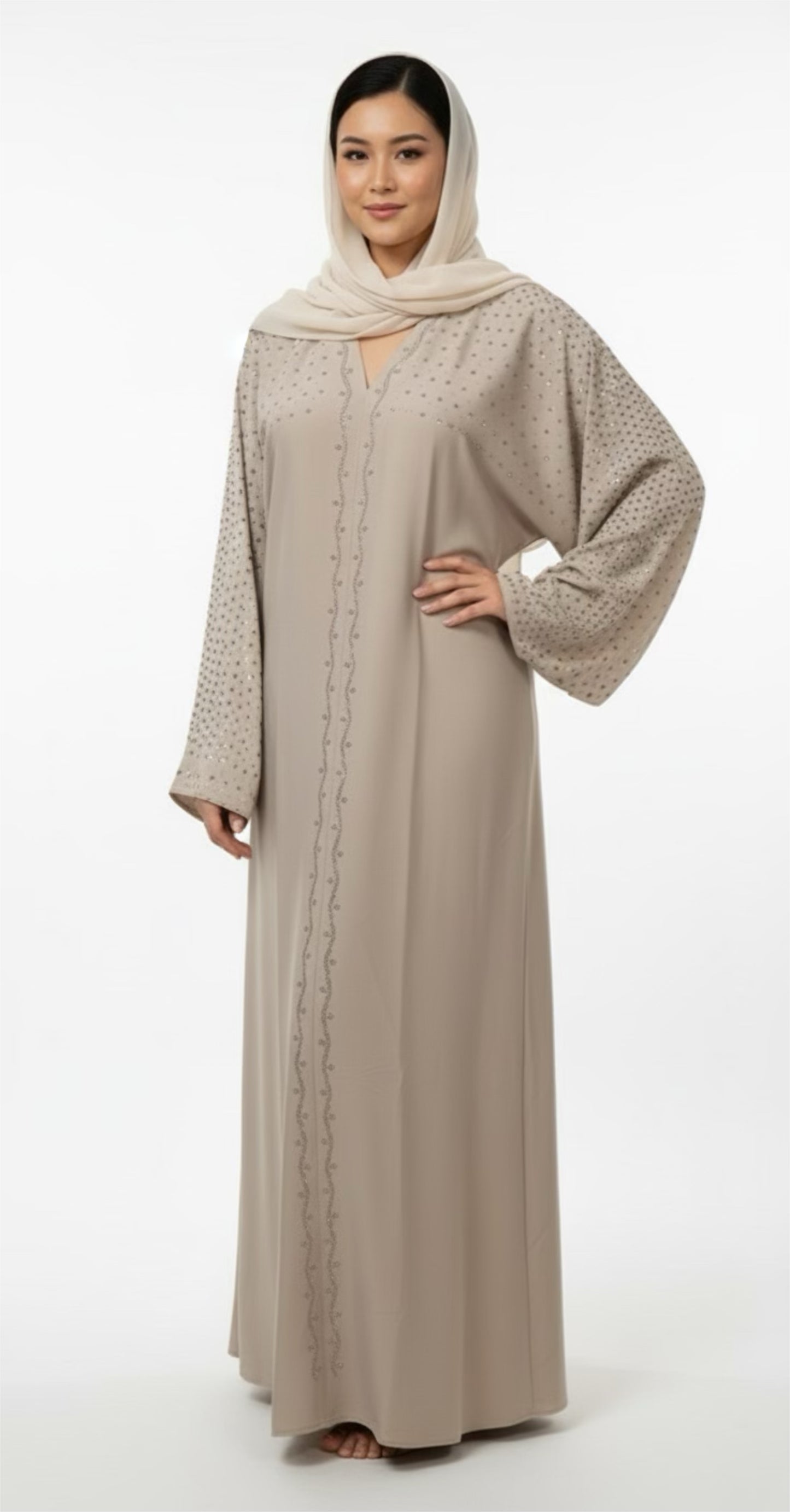 Elegant Light Beige Close Abayas – Floor-Length | Multiple Sizes