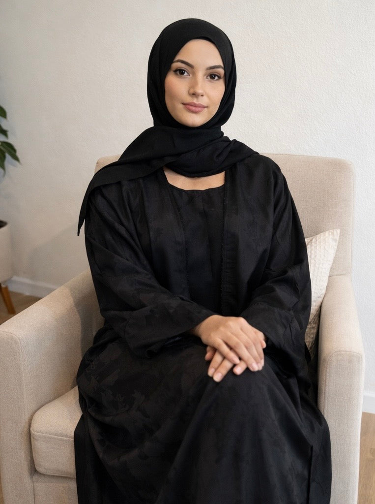 Elegant Black Open-Front Jacquard Abaya with Matching Hijab and Sleeveless Inner Dress