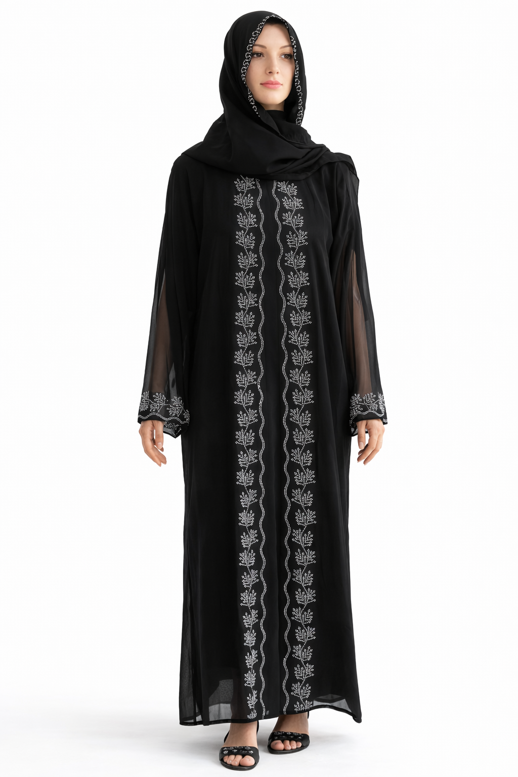 Embroidered Abaya with Sheer Sleeves and Matching Hijab Black Front Open Abaya with Short Sleeve Inner Wear – Floor-Length set 3