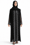 Embroidered Abaya with Sheer Sleeves and Matching Hijab Black Front Open Abaya with Short Sleeve Inner Wear – Floor-Length set 3