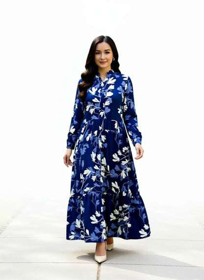 Women’s Long Sleeve Floral Maxi Dress – Long Length Cotton Fabric