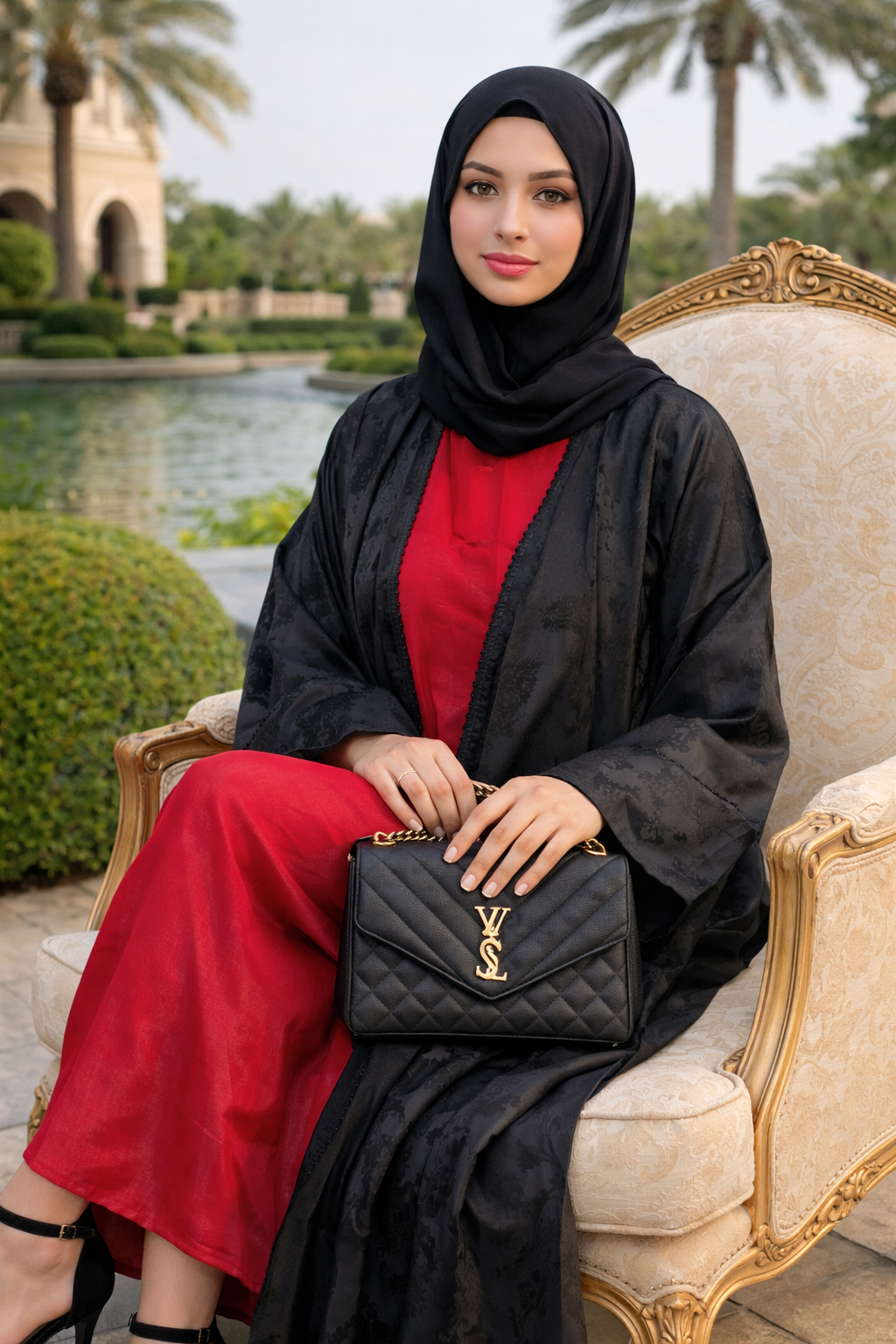 Elegant Black Open-Front Jacquard Abaya with Matching Hijab and red Sleeveless Inner Dress