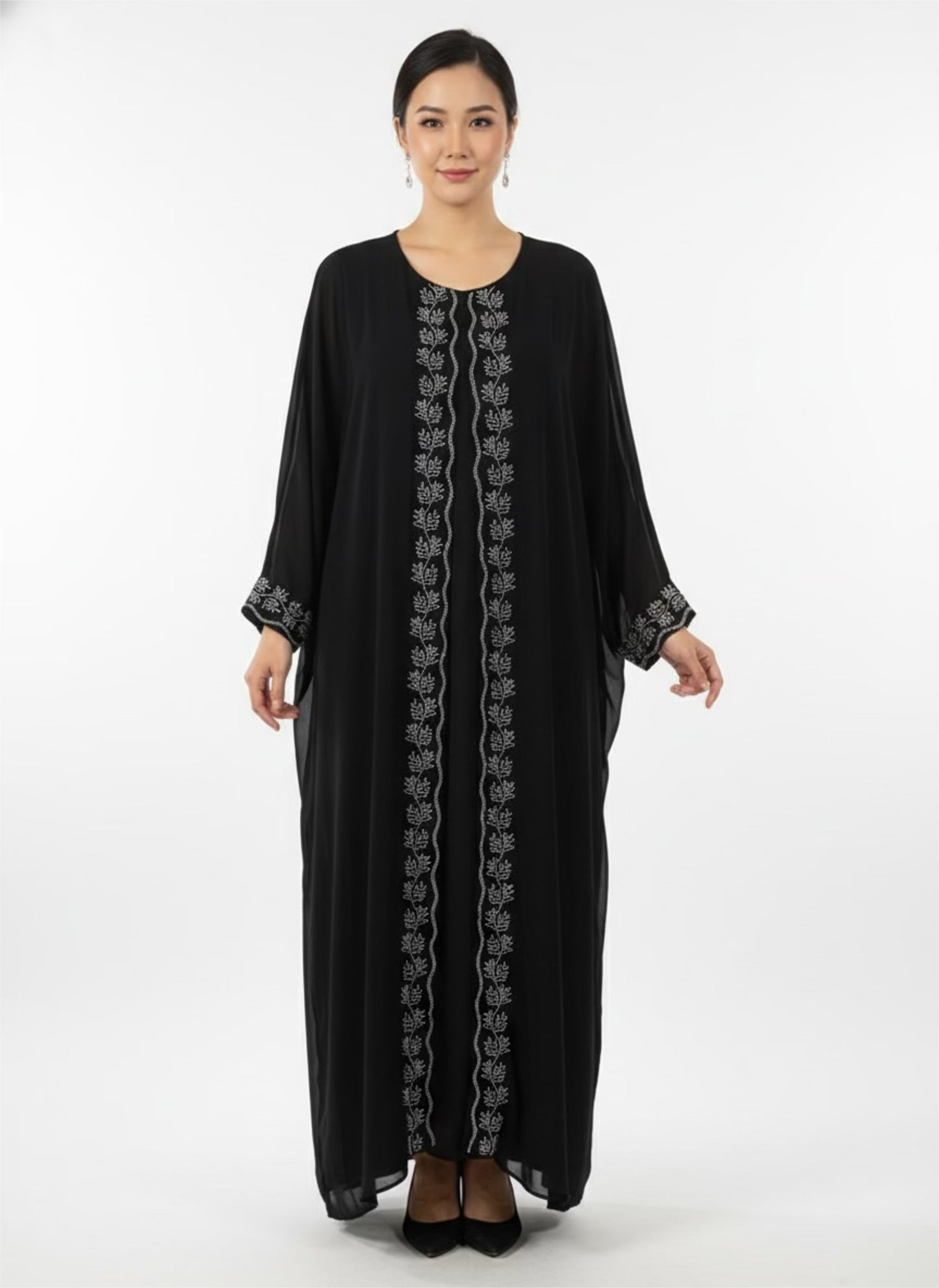 Elegant Black Front Open Abaya with Short Sleeve Inner Wear – Floor-Length set 3