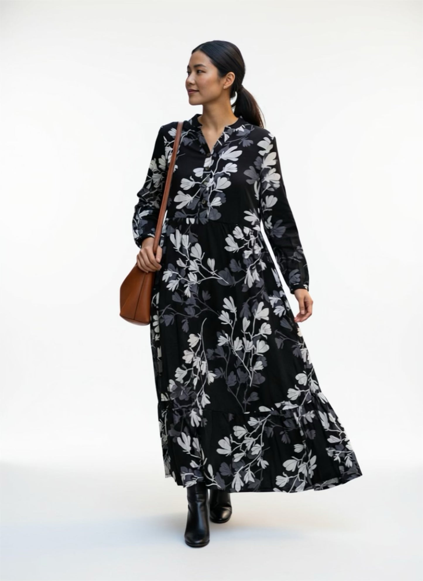 Women’s Long Sleeve Floral Maxi Dress – Long Length Cotton Fabric