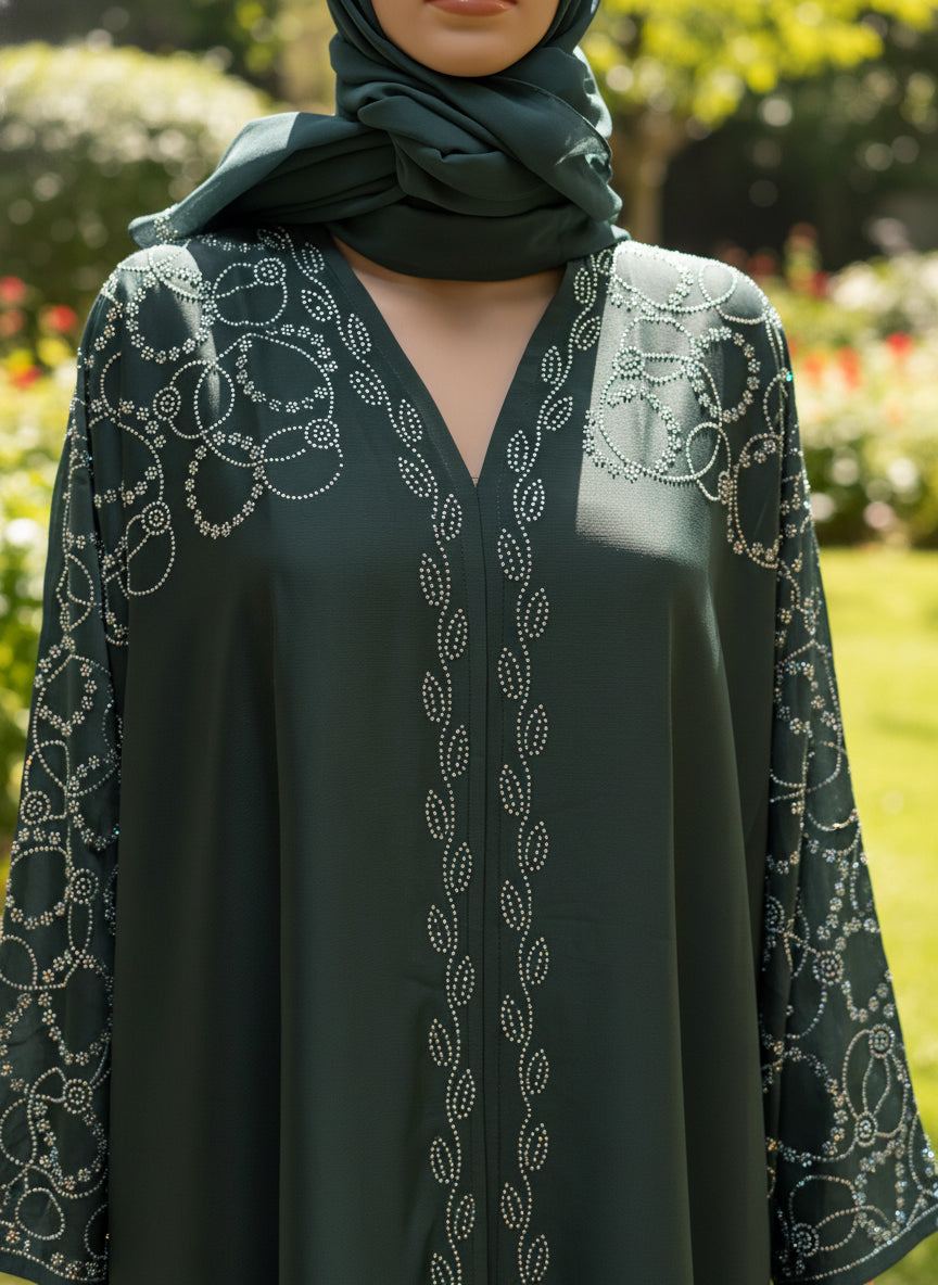 Closed Green Satin Abaya, crafted from luxurious satin fabric