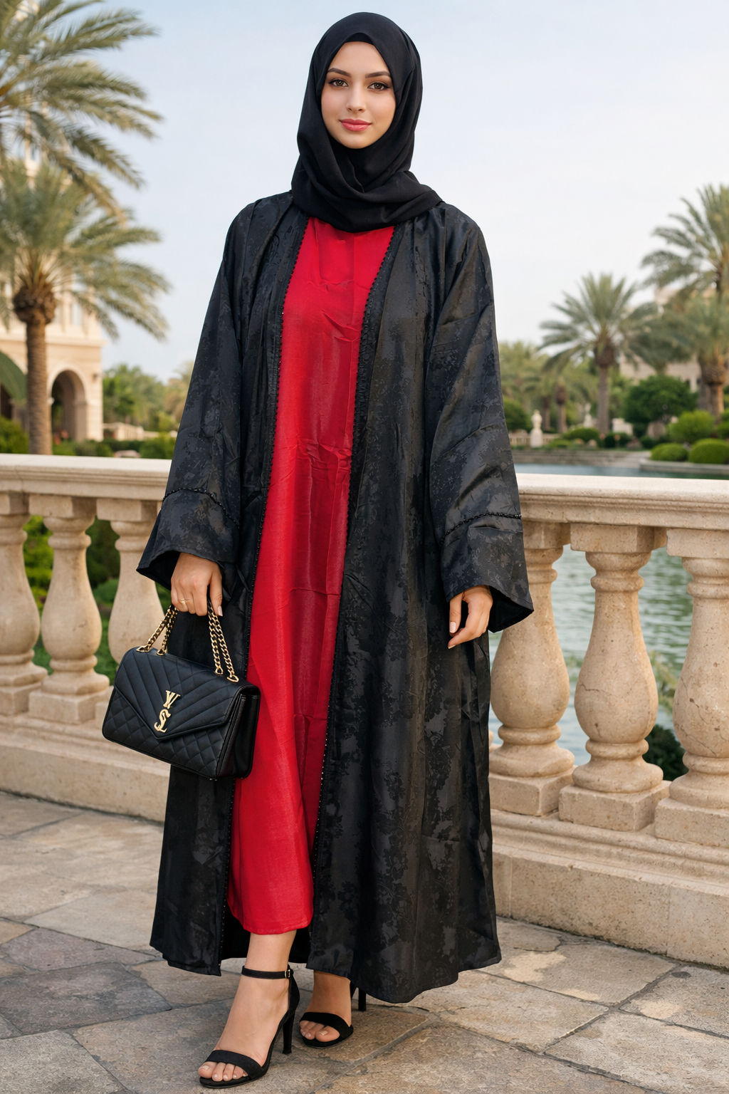 Elegant Black Open-Front Jacquard Abaya with Matching Hijab and red Sleeveless Inner Dress