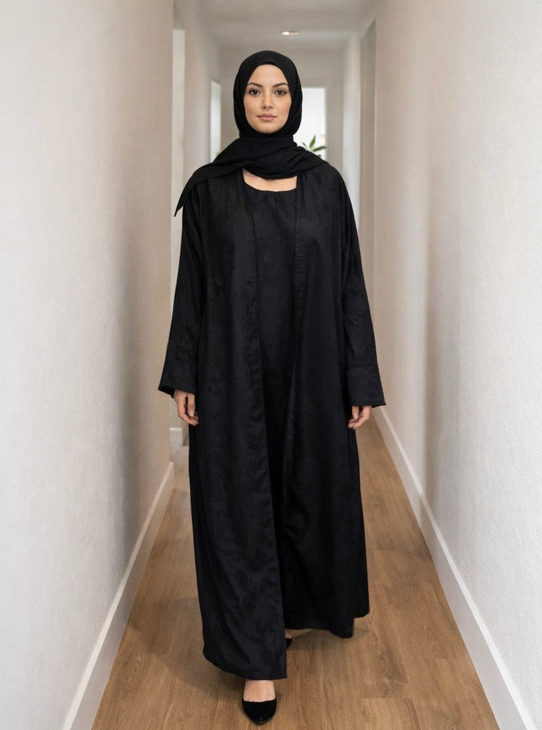 Elegant Black Open-Front Jacquard Abaya with Matching Hijab and Sleeveless Inner Dress