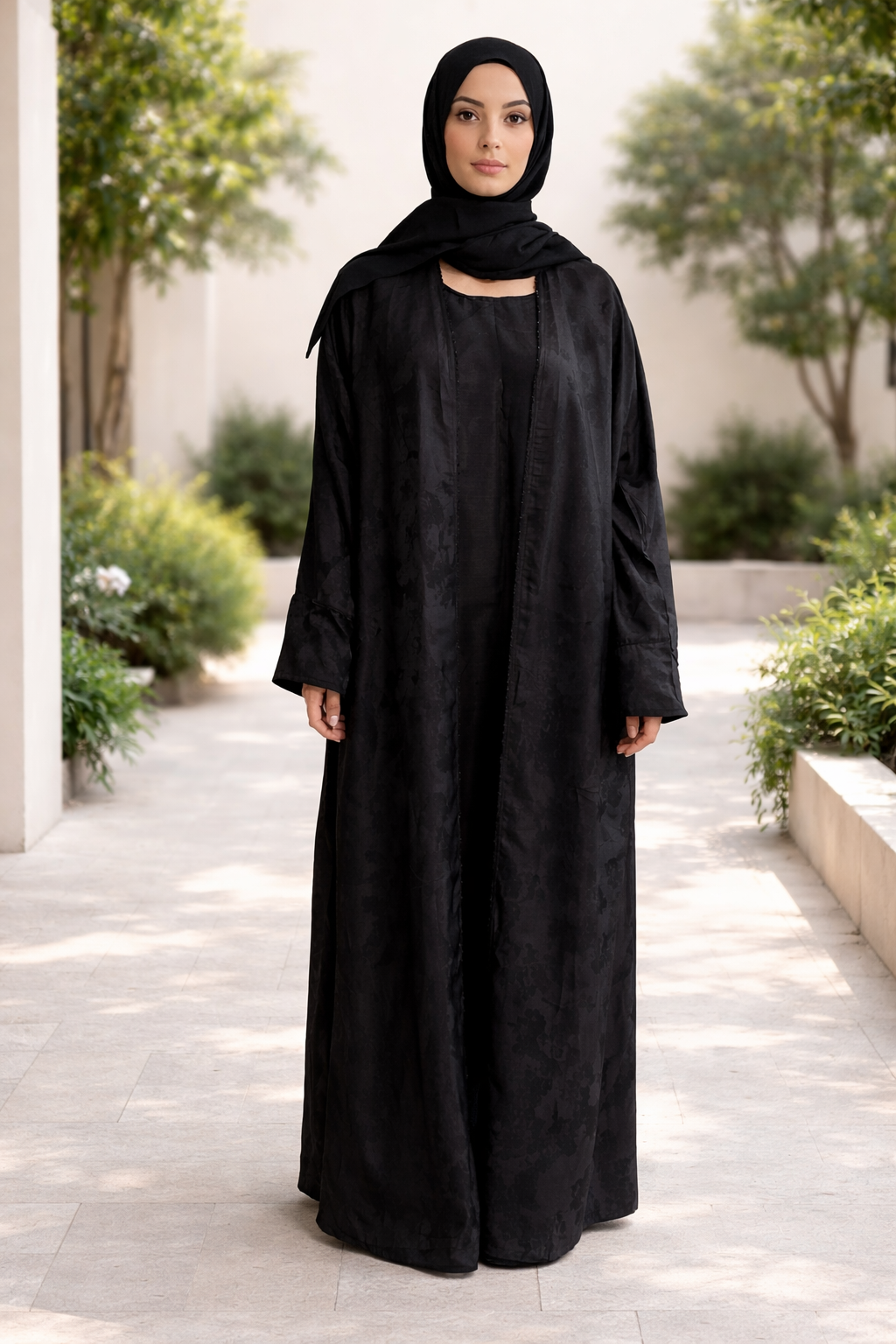 Elegant Black Open-Front Jacquard Abaya with Matching Hijab and Sleeveless Inner Dress