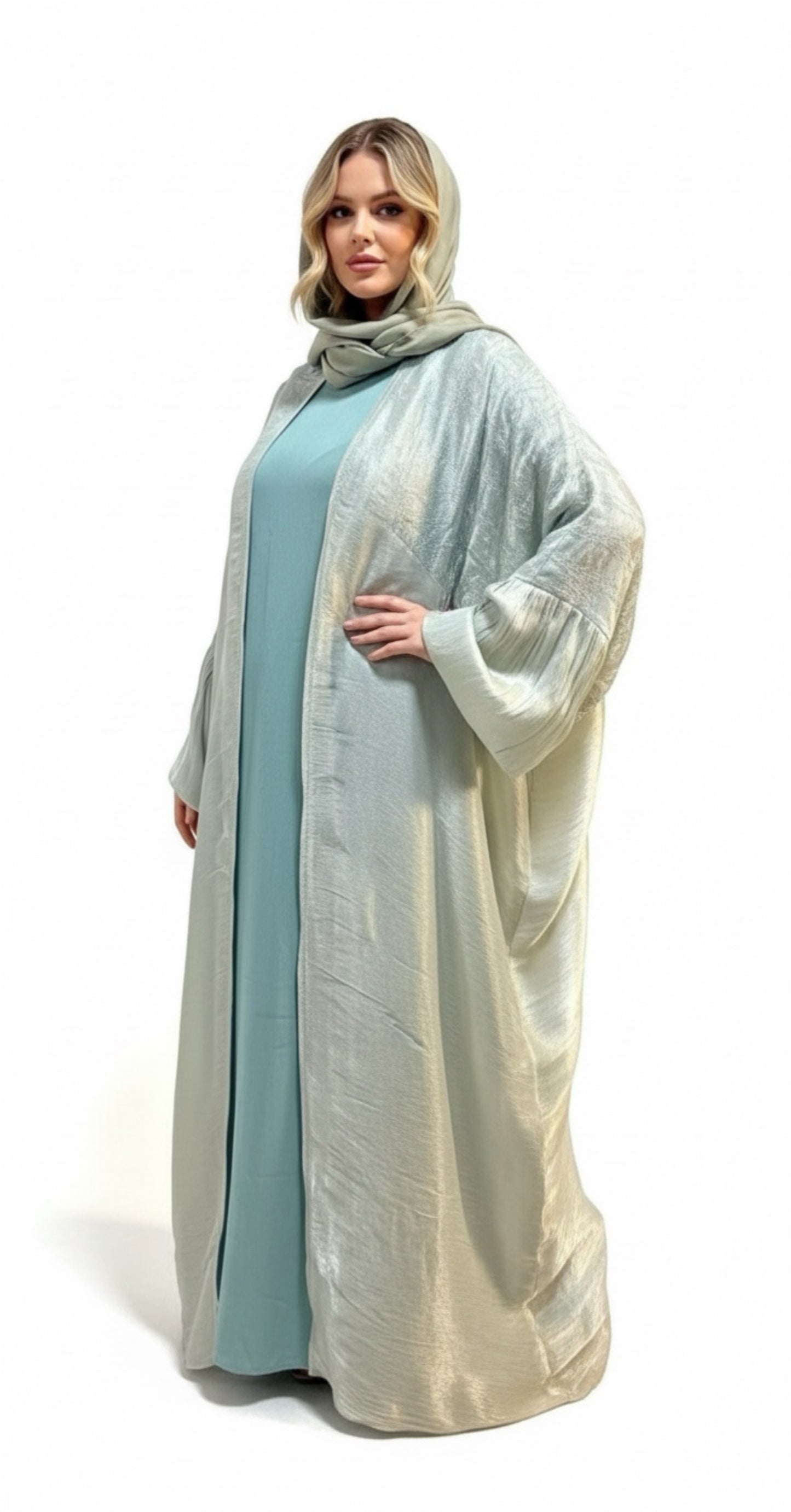 "Elegant Front-Open Satin Abaya Set – Green | Includes Short Sleeve Inner Dress