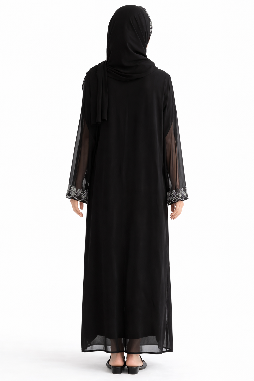 Embroidered Abaya with Sheer Sleeves and Matching Hijab Black Front Open Abaya with Short Sleeve Inner Wear – Floor-Length set 3