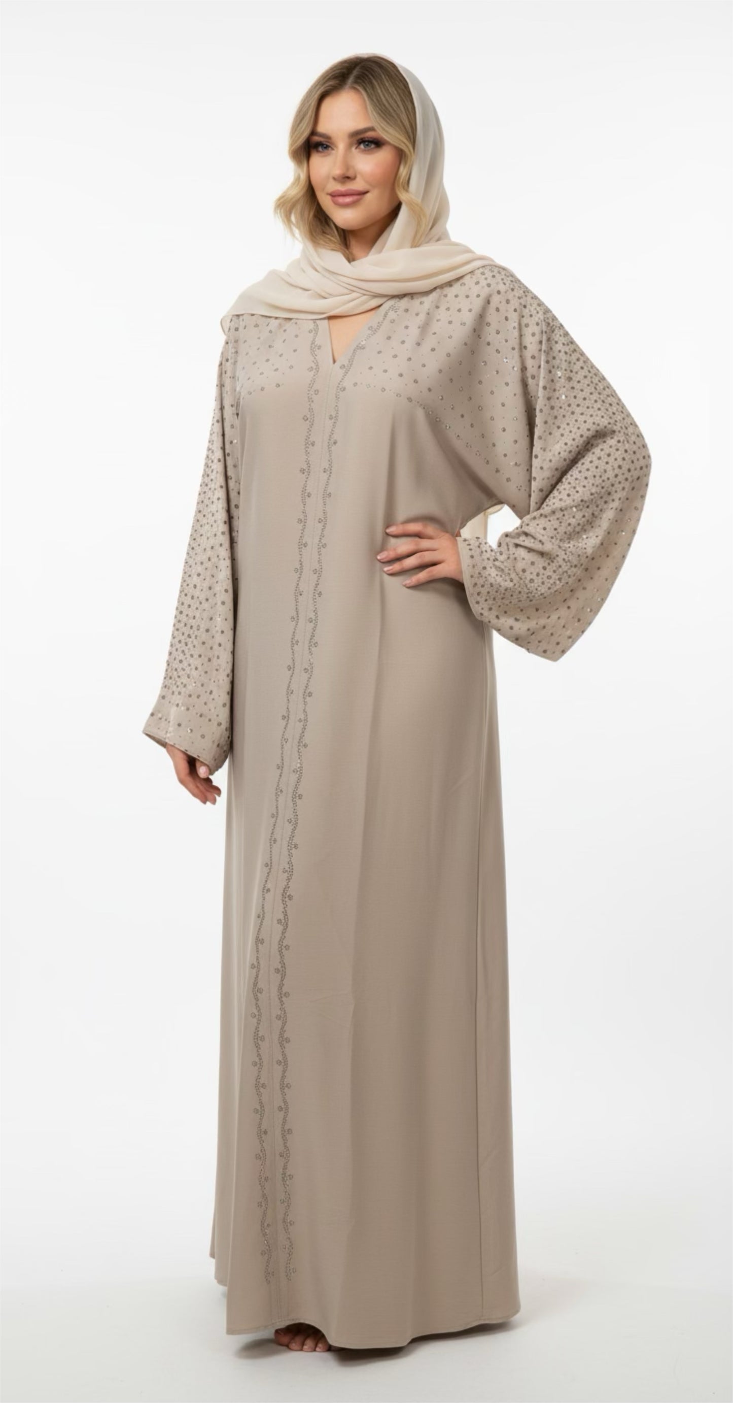 Elegant Light Beige Close Abayas – Floor-Length | Multiple Sizes