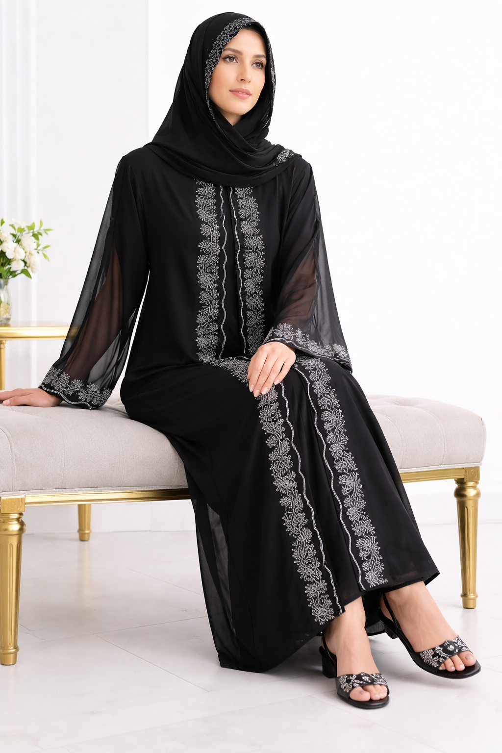 Embroidered Abaya with Sheer Sleeves and Matching Hijab Black Front Open Abaya with Short Sleeve Inner Wear – Floor-Length set 3