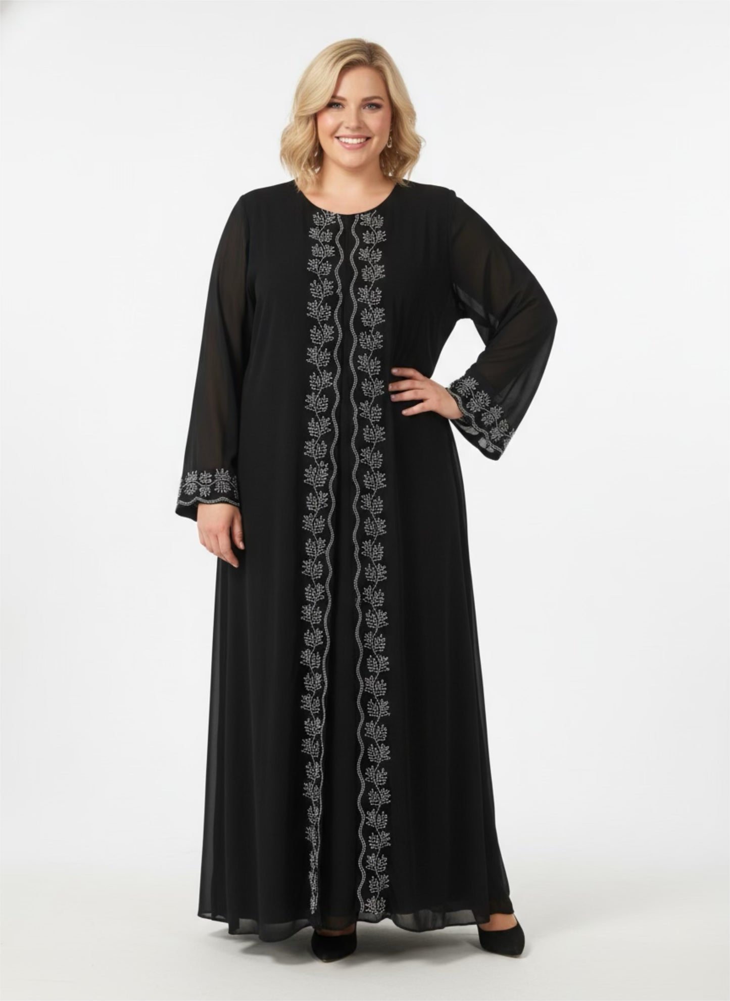 Elegant Black Front Open Abaya with Short Sleeve Inner Wear – Floor-Length set 3