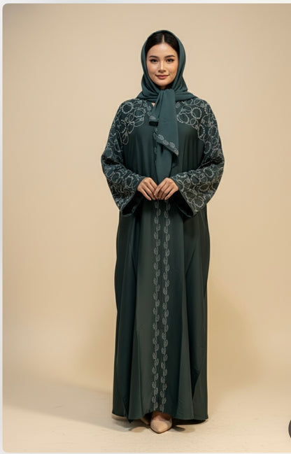 Closed Green Satin Abaya, crafted from luxurious satin fabric