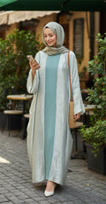 Elegant Seafoam Shimmer Open Abaya with Sleeveless Inner Dress Set