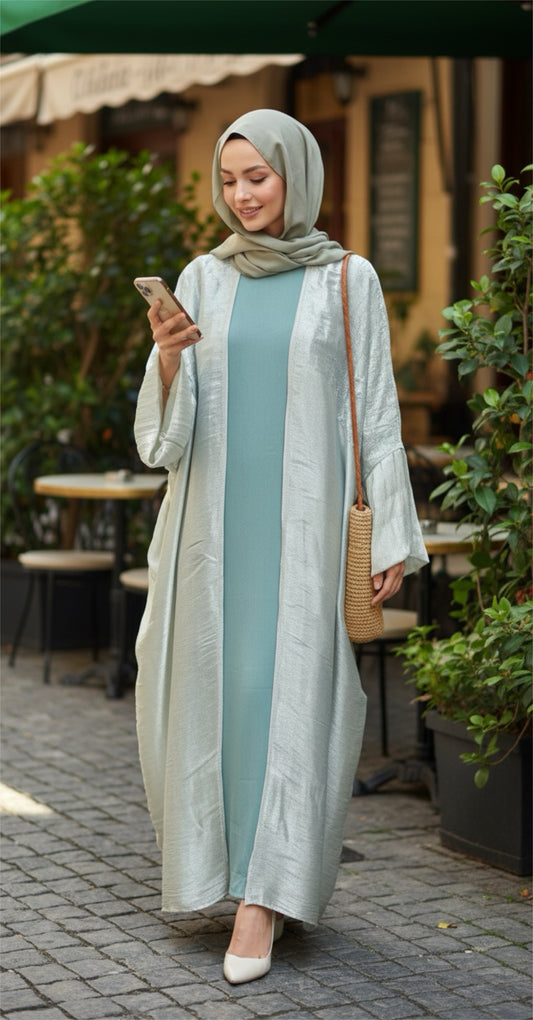 "Elegant Front-Open Satin Abaya Set – Green | Includes Short Sleeve Inner Dress