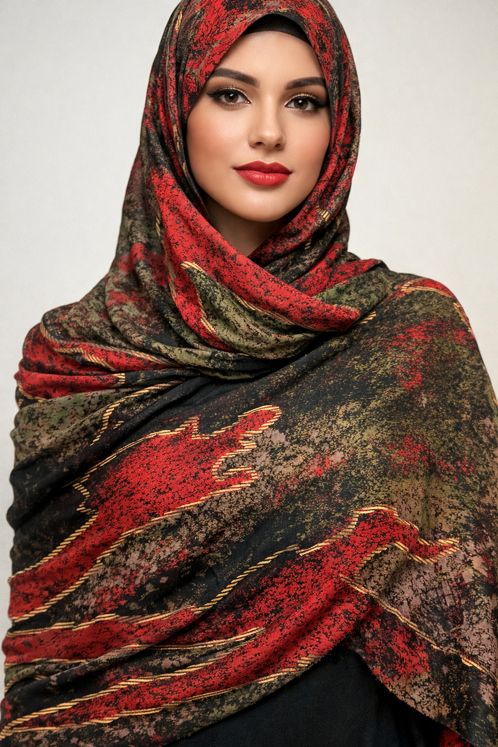 Elegant Geometric Print Chiffon Hijab – Mustard & Multicolor Square Design