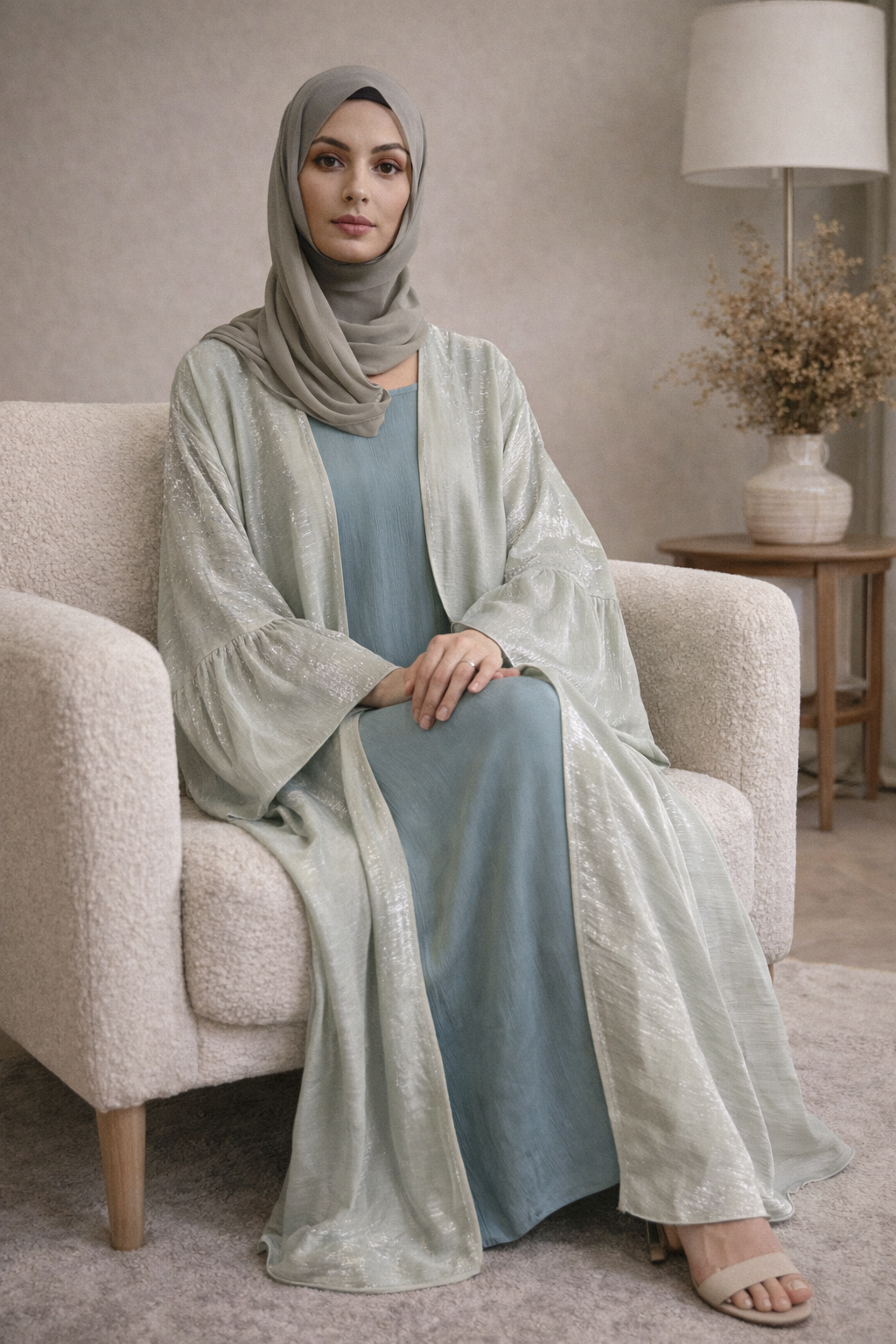 Elegant Seafoam Shimmer Open Abaya with Sleeveless Inner Dress Set