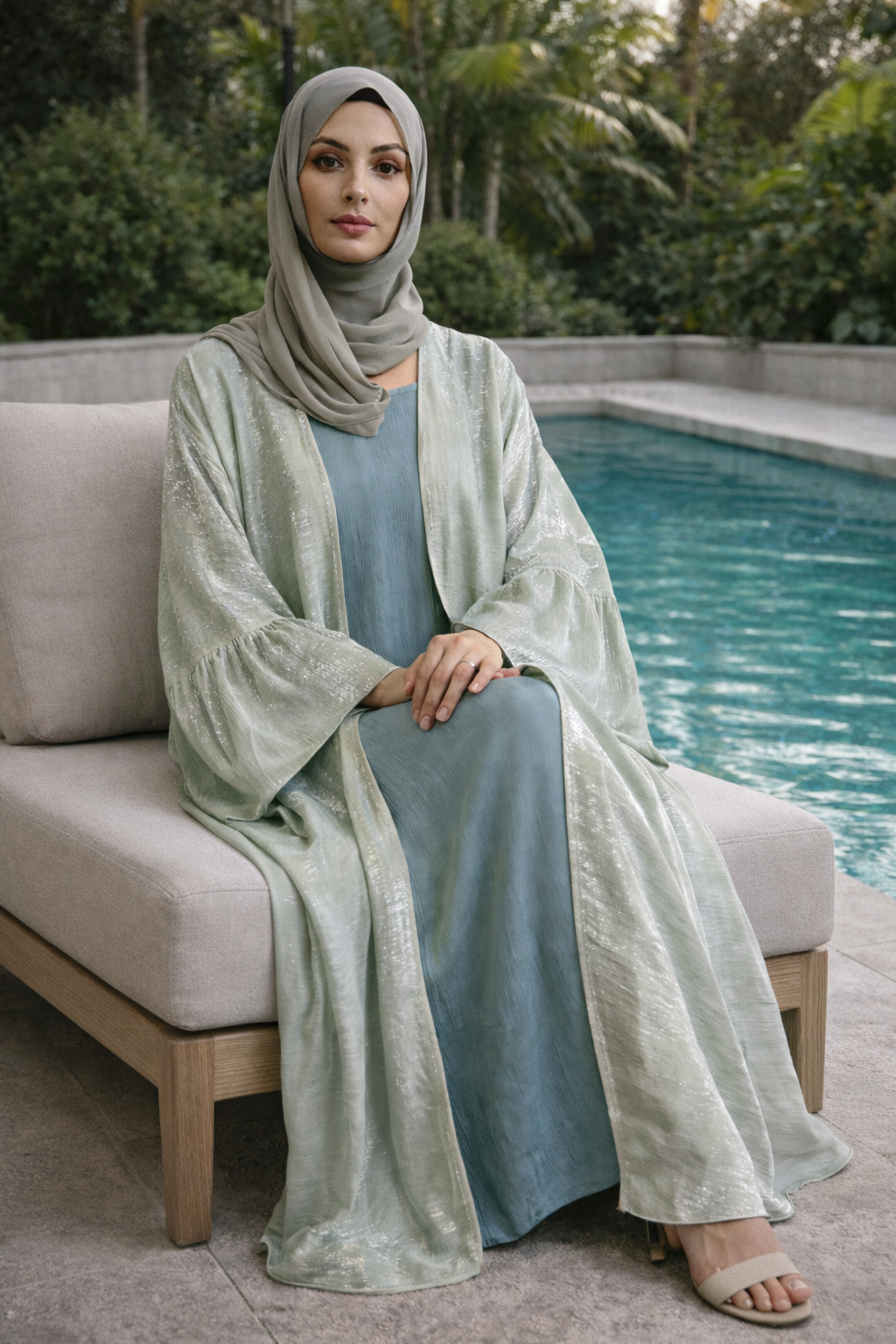 Elegant Seafoam Shimmer Open Abaya with Sleeveless Inner Dress Set