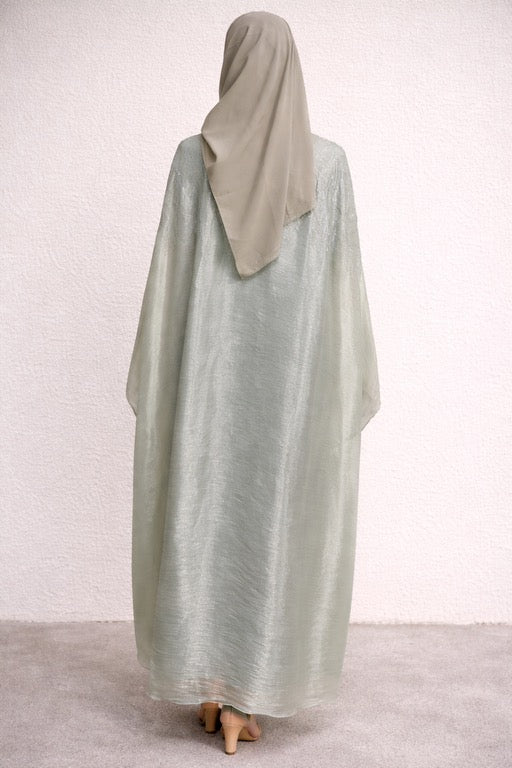 Elegant Seafoam Shimmer Open Abaya with Sleeveless Inner Dress Set