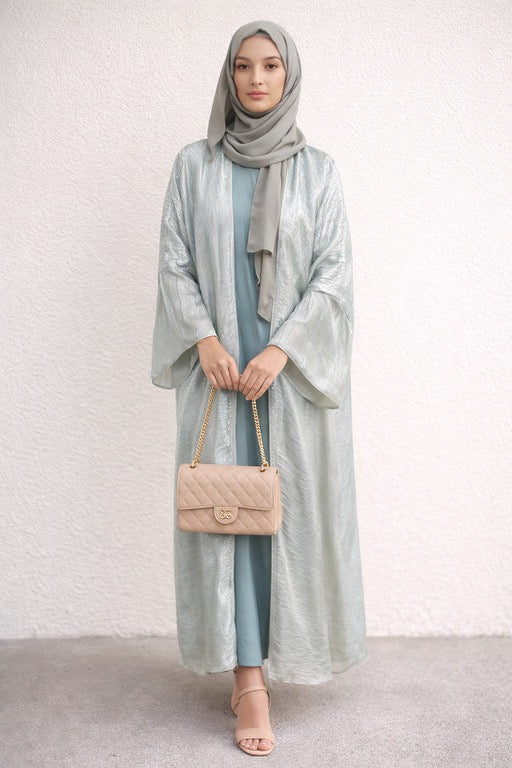 Elegant Seafoam Shimmer Open Abaya with Sleeveless Inner Dress Set