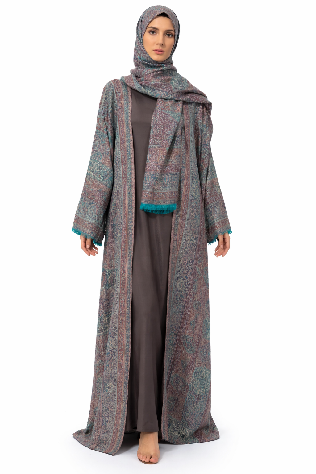 Pashmina Modest Abaya open front Set with Matching Hijab