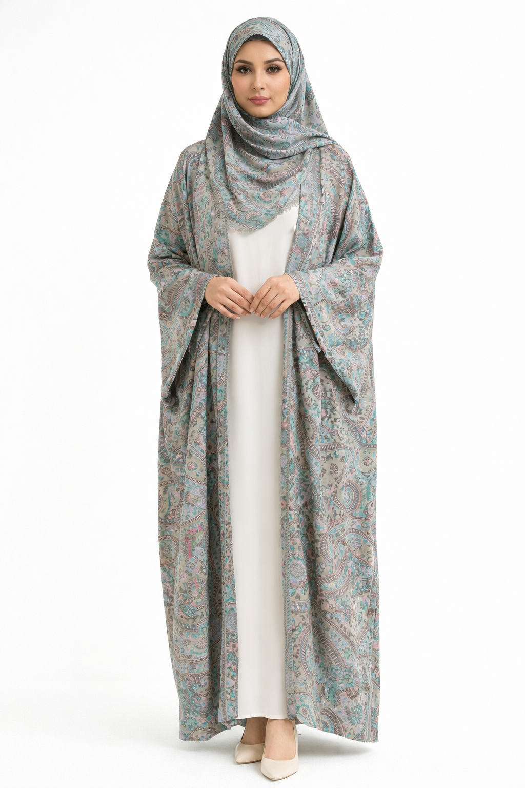 Elegant Pashmina Pattern Open Abaya – Soft Neutral Paisley Design