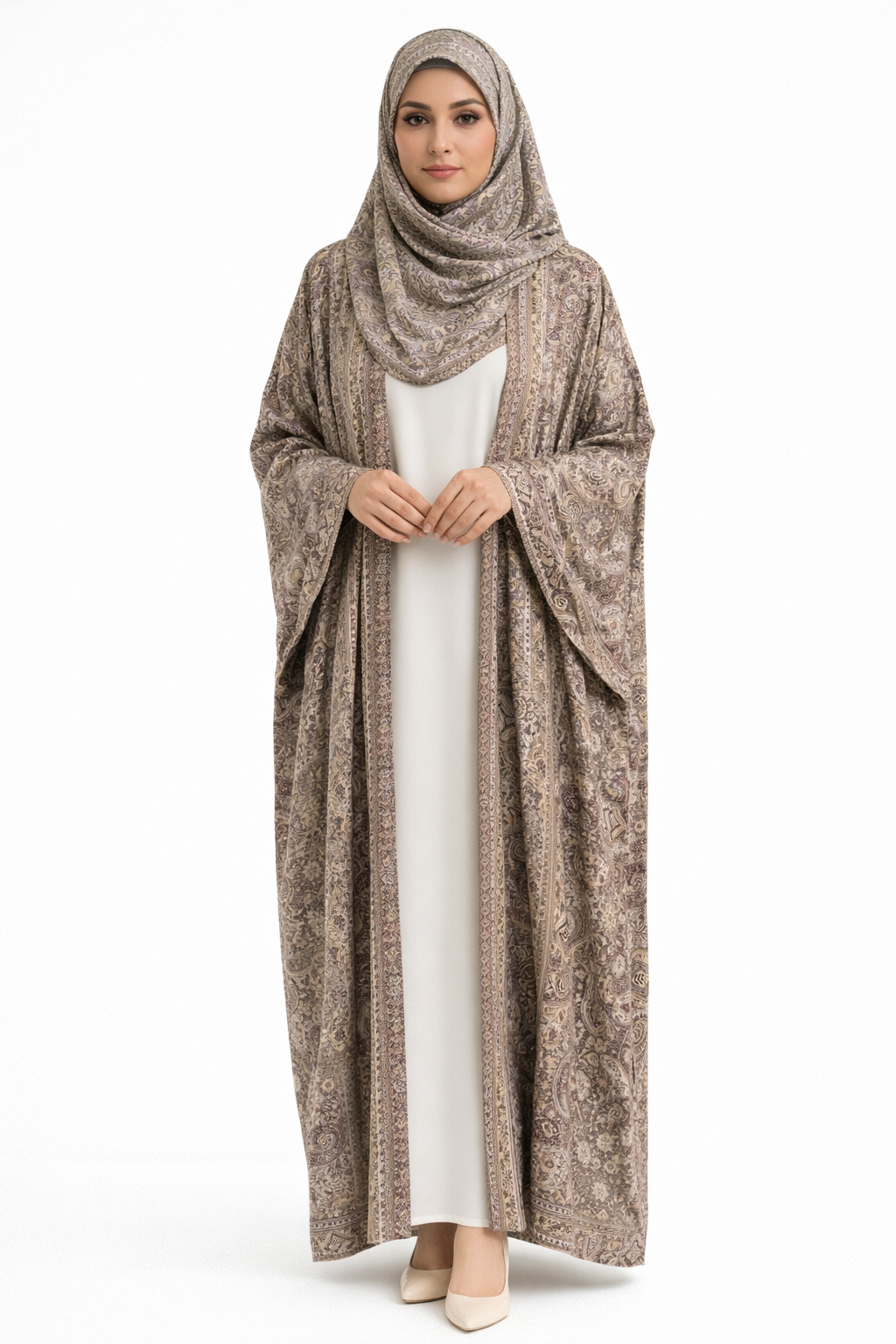 Elegant Pashmina Pattern Open Abaya – Soft Neutral Paisley Design