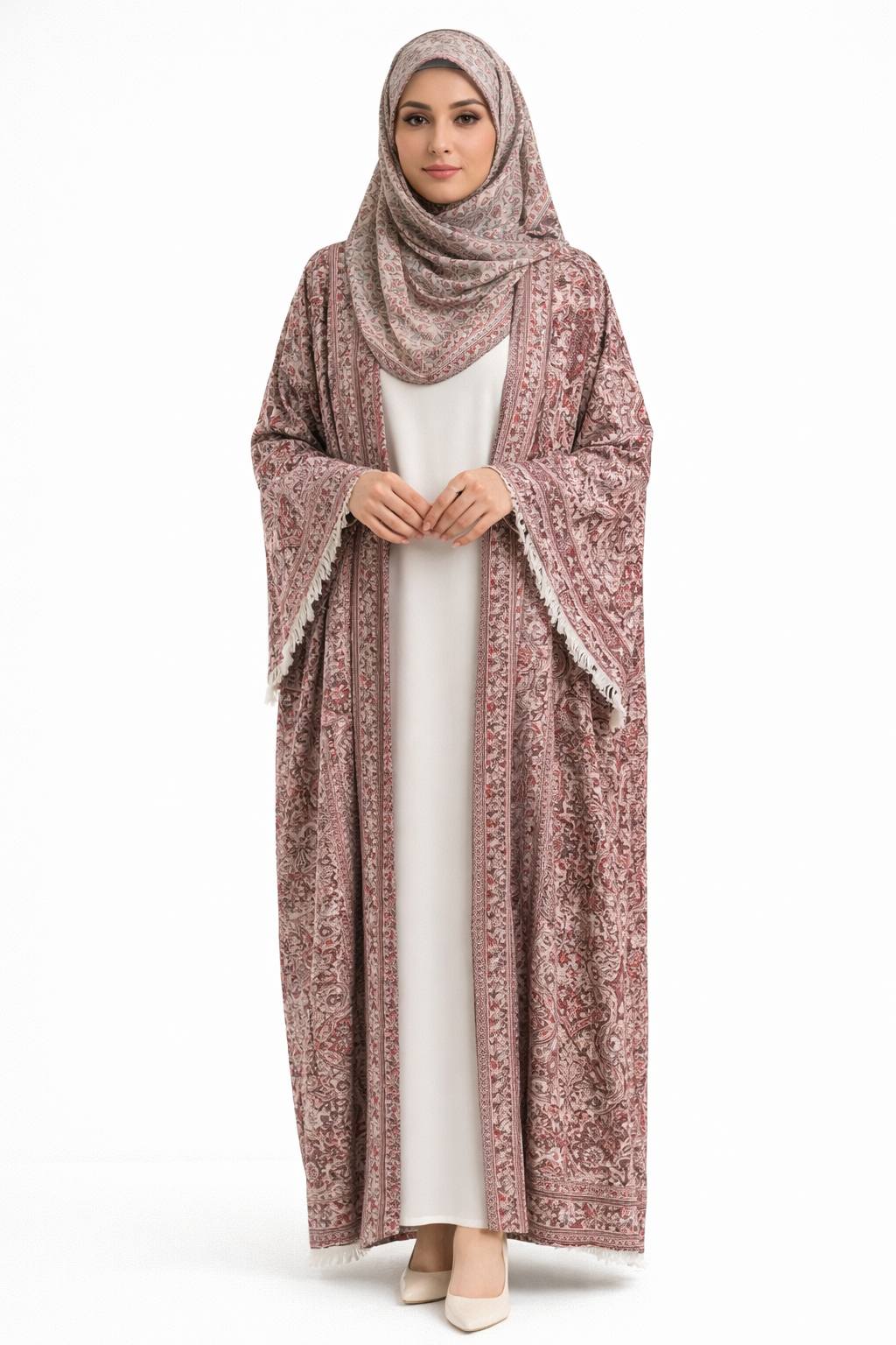 Elegant Pashmina Pattern Open Abaya – Soft Neutral Paisley Design