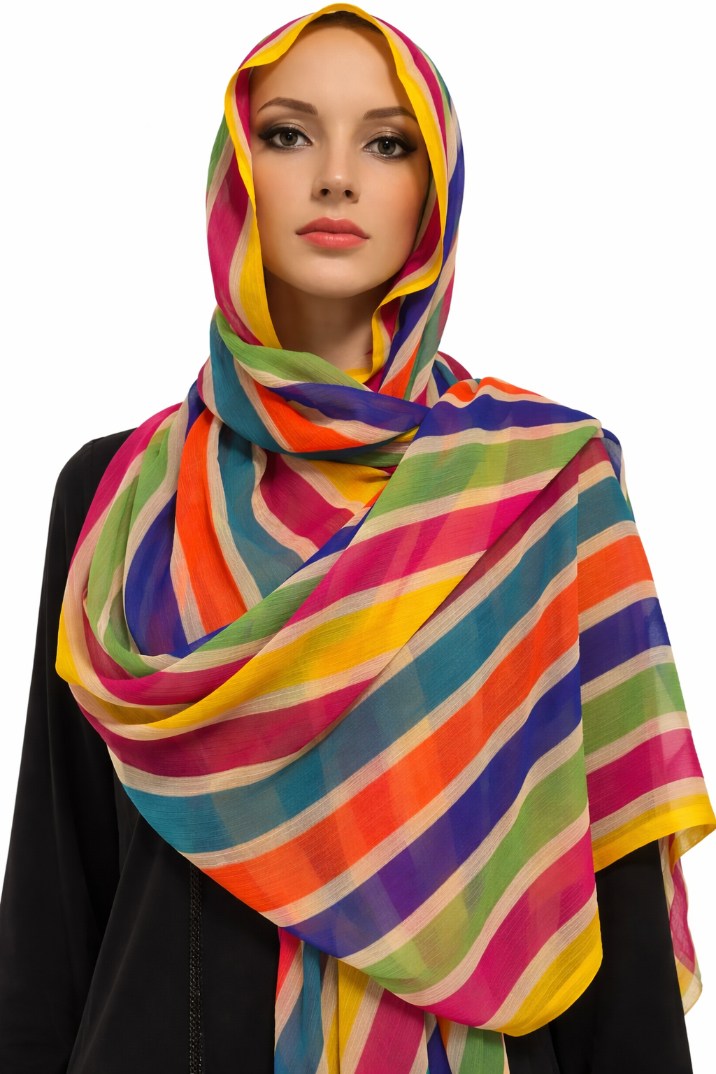 Elegant Geometric Print Chiffon Hijab – Mustard & Multicolor Square Design