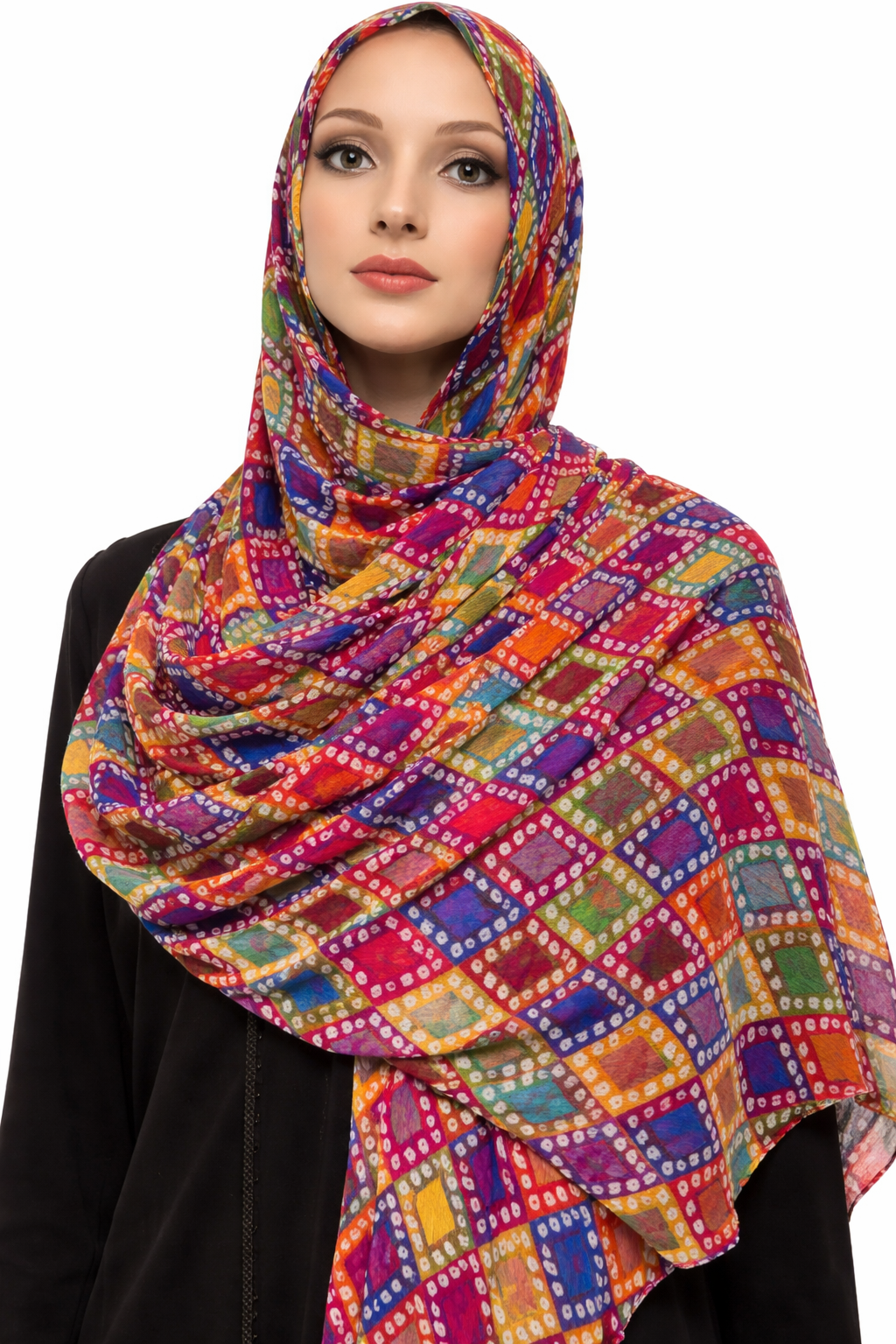 Elegant Geometric Print Chiffon Hijab – Mustard & Multicolor Square Design