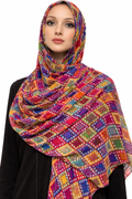 Elegant Geometric Print Chiffon Hijab – Mustard & Multicolor Square Design