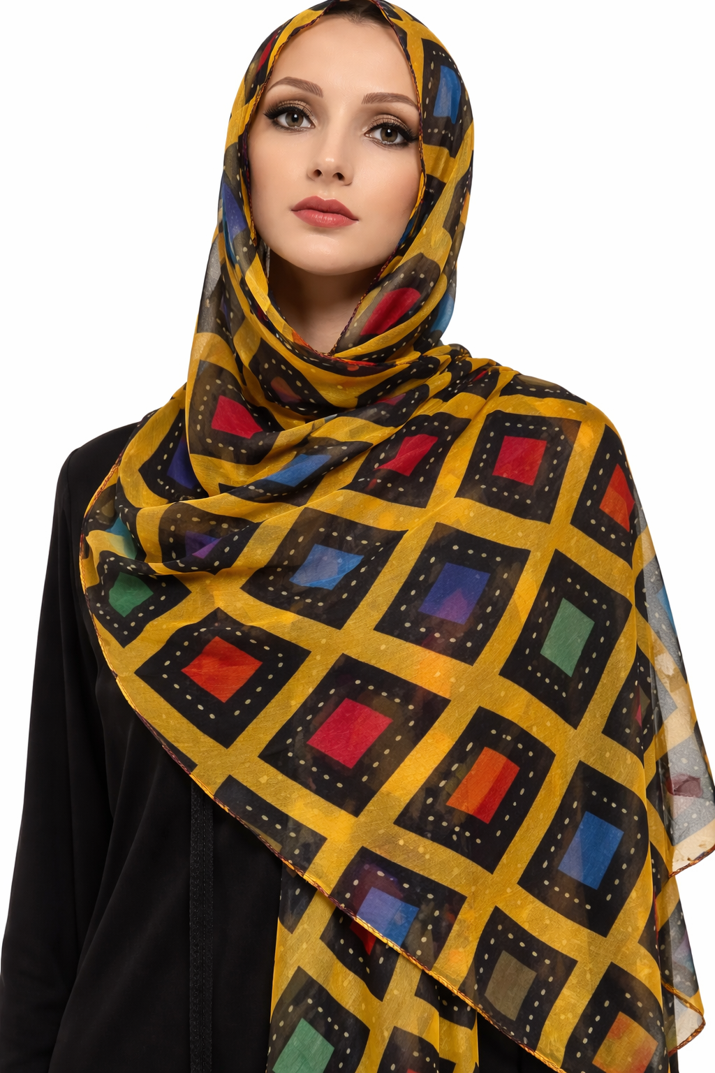 Elegant Geometric Print Chiffon Hijab – Mustard & Multicolor Square Design