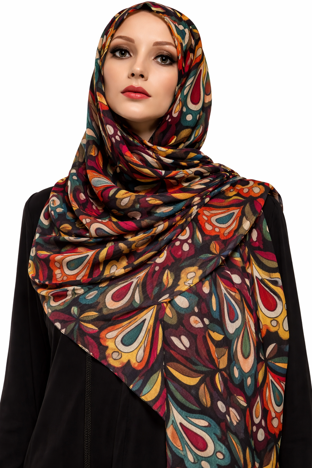 Elegant Geometric Print Chiffon Hijab – Mustard & Multicolor Square Design