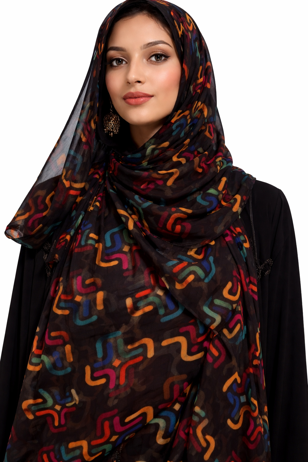 Elegant Geometric Print Chiffon Hijab – Mustard & Multicolor Square Design