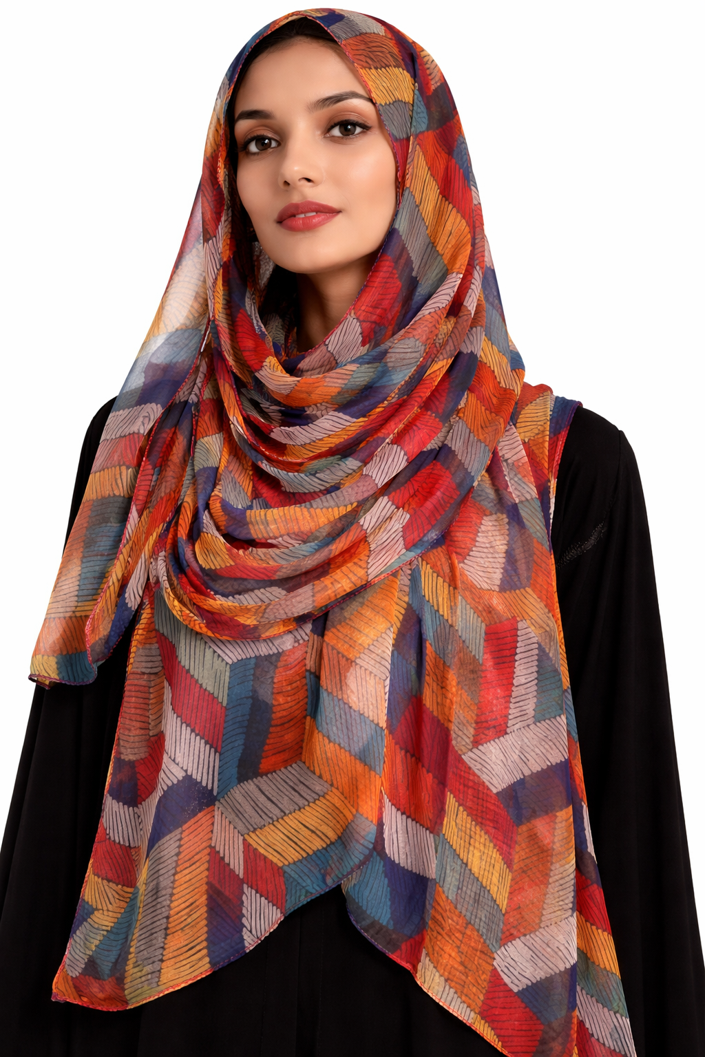 Elegant Geometric Print Chiffon Hijab – Mustard & Multicolor Square Design