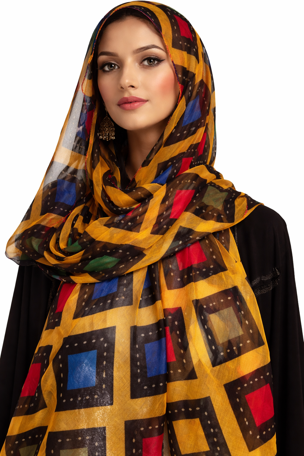 Elegant Geometric Print Chiffon Hijab – Mustard & Multicolor Square Design