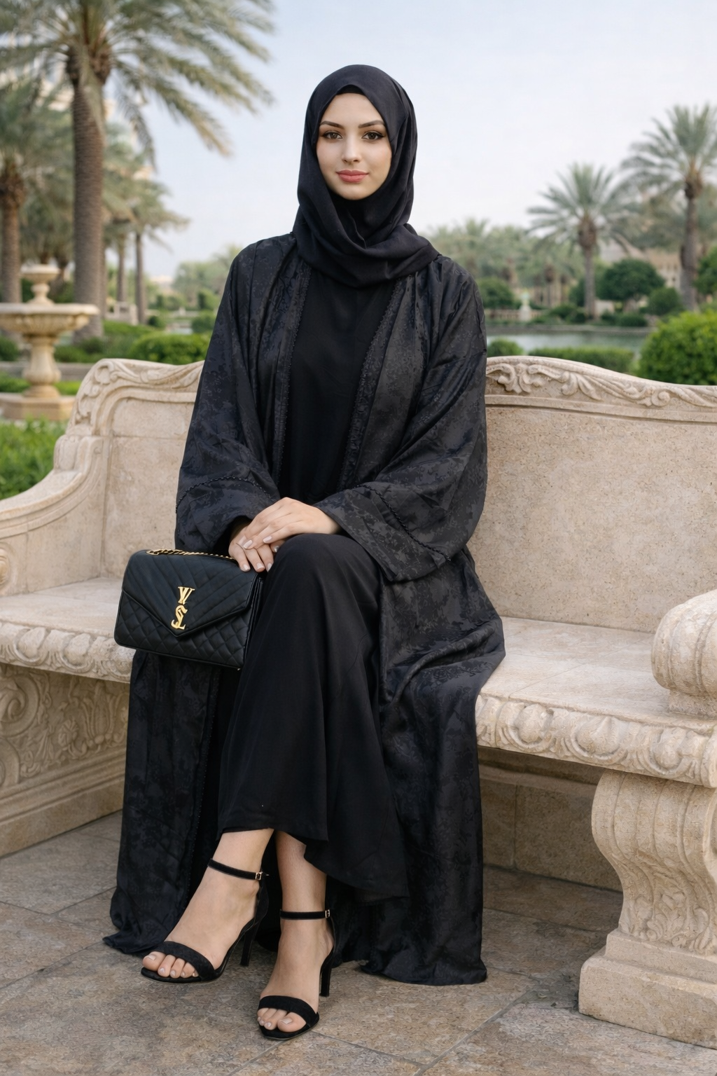 Elegant Black Open-Front Jacquard Abaya with Matching Hijab and Sleeveless Inner Dress