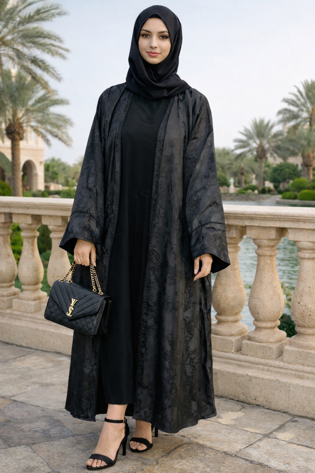 Elegant Black Open-Front Jacquard Abaya with Matching Hijab and Sleeveless Inner Dress