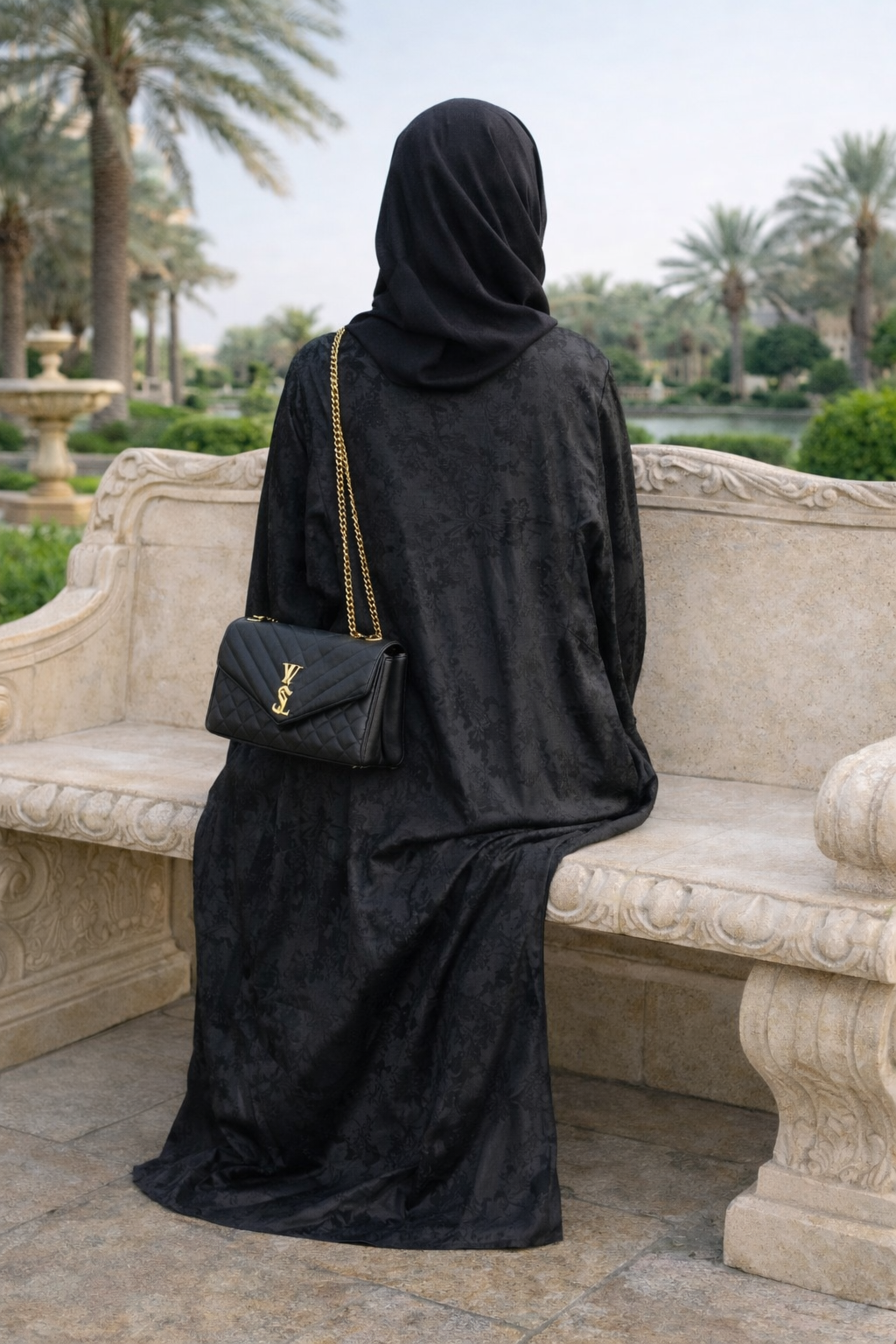 Elegant Black Open-Front Jacquard Abaya with Matching Hijab and Sleeveless Inner Dress