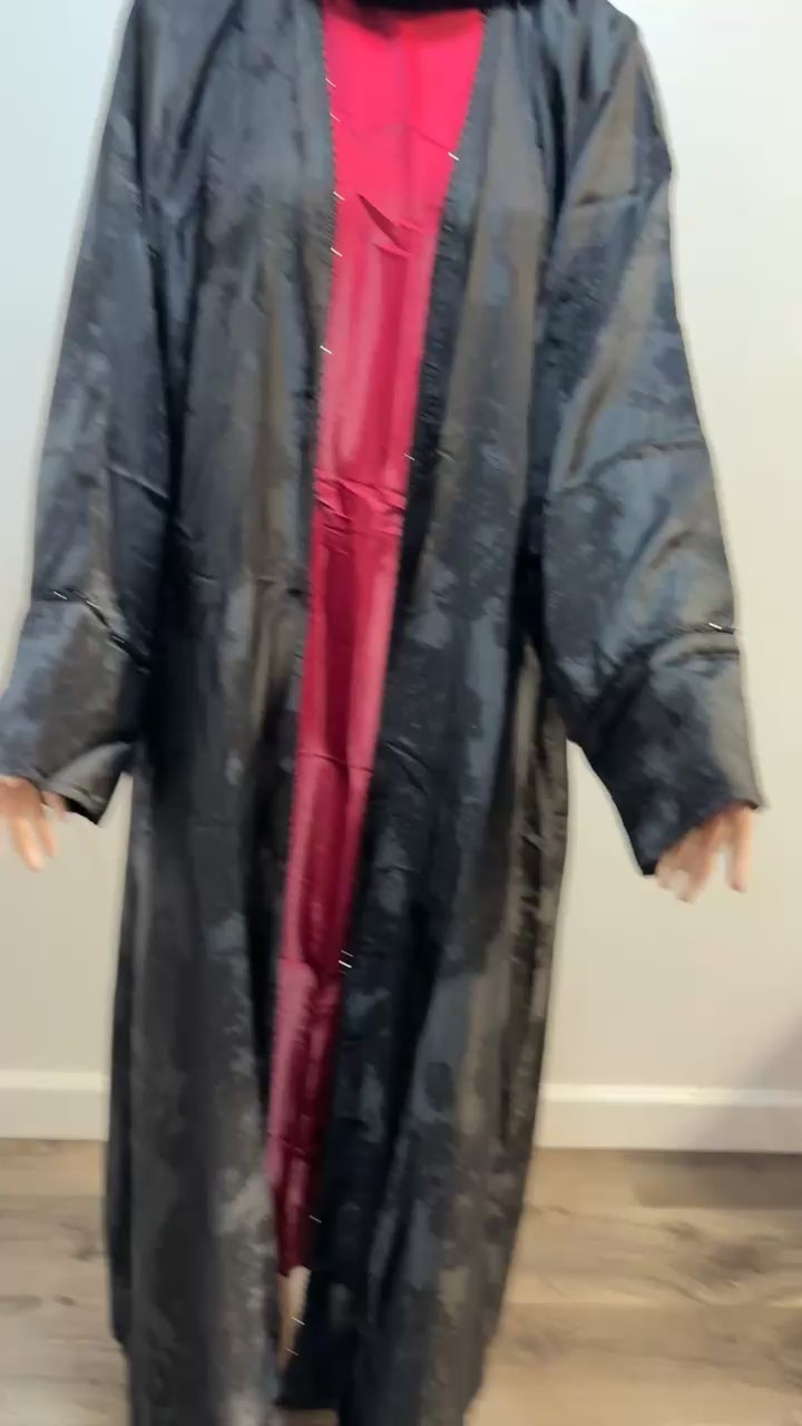 Elegant Black Open-Front Jacquard Abaya with Matching Hijab and red Sleeveless Inner Dress